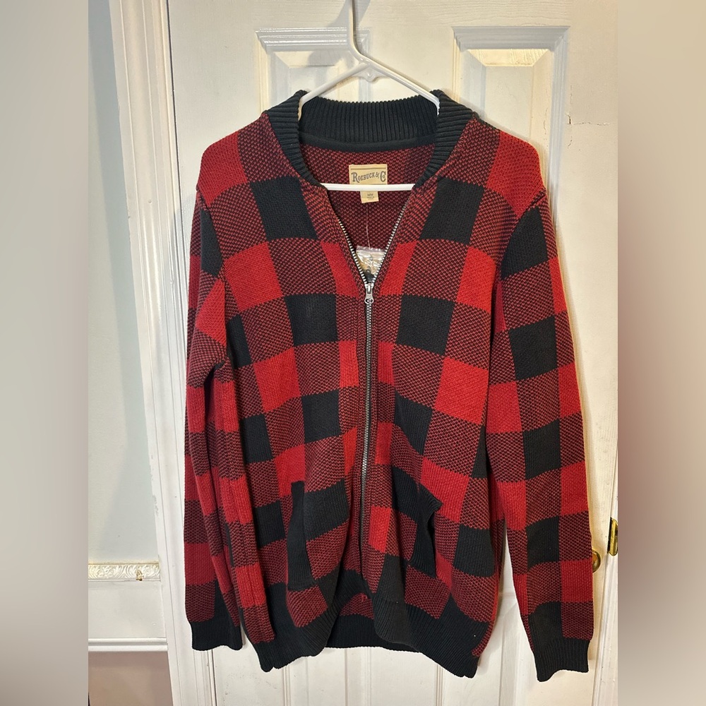 NWT Roebuck & Co Red Black Buffalo‎ Plaid Full Zip Sweater Med Holiday